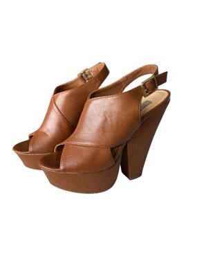 Olsenboye Brown Platform Peep-Toe Slingback Heels